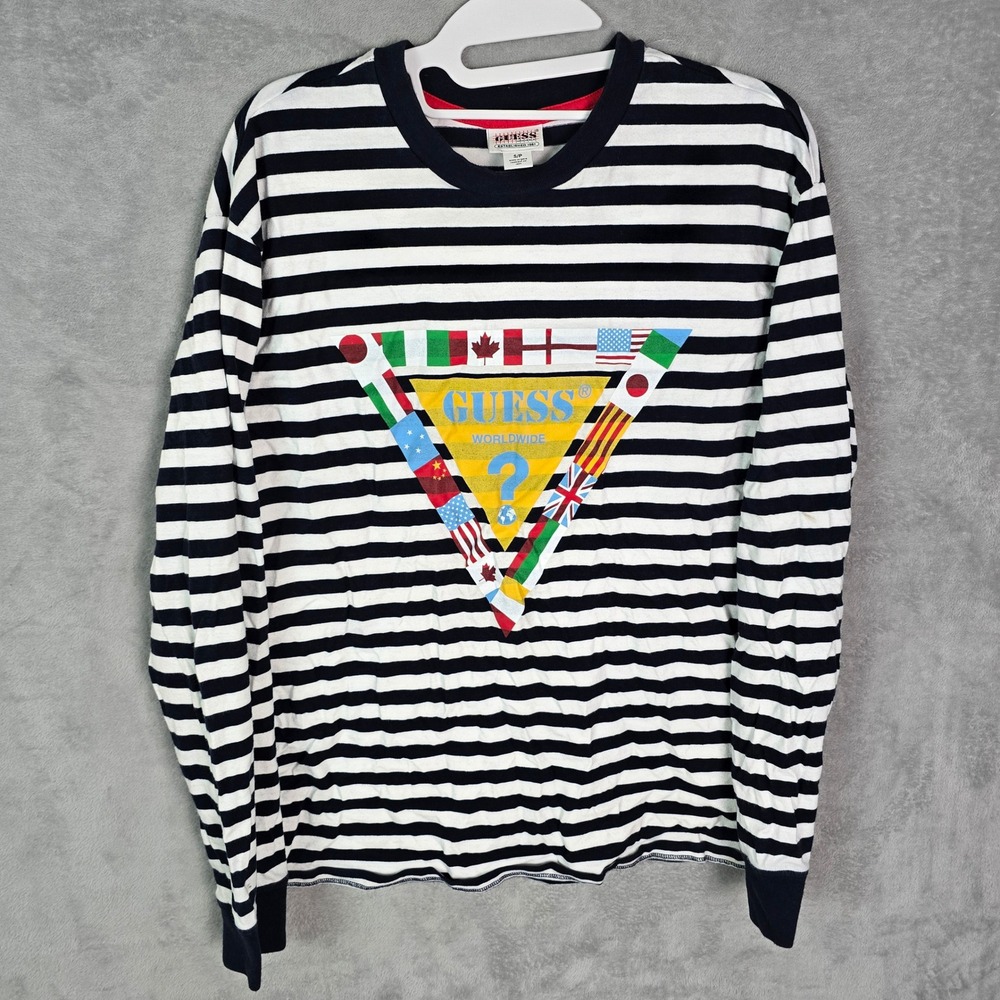 Guess‎ Originals Mens Small Navy Blue White Striped Long Sleeve Logo T-Shirt S
